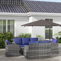 Outsunny 6 Pieces Rattan Garden Furniture Set, 7 Seater Wicker Outdoor Furniture Set with Storage Tea Table & Side Table, Sectional Garden Sofa Set with Cushions, Navy Blue(m-10)