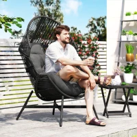 Outsunny Rattan Egg Chair, Oversized Freestanding Garden Egg Chair with Thick Tufted Cushion, Headrest, Steel Frame for Indoor and Outdoor Use, Charcoal Grey(m-2)