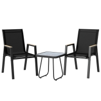 Outsunny Conjunto de Jardín de 3 Piezas con 2 Sillas de Textilene Mesa de DPC Efecto Madera para Patio Balcón Negro