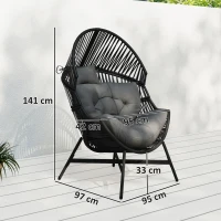 Outsunny Rattan Egg Chair, Oversized Freestanding Garden Egg Chair with Thick Tufted Cushion, Headrest, Steel Frame for Indoor and Outdoor Use, Charcoal Grey(m-3)
