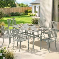 Outsunny 7 Pieces Garden Table and Chairs, 6 Seater Outdoor Table and Chairs with Umbrella Hole, for Garden, Light Grey(m-2)