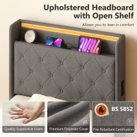 HOMCOM 3ft Single Bed Frame with Headboard, Platform Bed Frame with Hydraulic Storage, LED Lights and Charging Station, Grey(m-7)