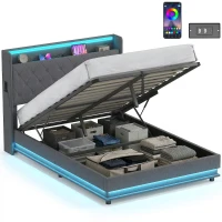 HOMCOM 4ft6 Double Bed Frame with Headboard, Platform Bed Frame with Hydraulic Storage, LED Lights and Charging Station, Grey(m-10)