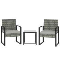 Outsunny Rattan Bistroset, 3 teiliges Gartenmöbel-Set mit 2 Gartenstühlen, Couchtisch, abnehmbar Kissen Hellgrau(m-11)