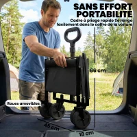 Outsunny Chariot de Transport Pliable 60L, Porte Arrière Rabattable, Roues Amovibles, Poignée Réglable, 71x45x86cm, Noir(m-4)