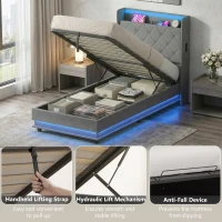 HOMCOM 3ft Single Bed Frame with Headboard, Platform Bed Frame with Hydraulic Storage, LED Lights and Charging Station, Grey(m-8)