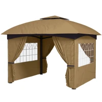 Outsunny 3,4 x 3,4 m Gartenpavillon, Bierzelt mit Lüftungsdach, Bogenfenstern, Stahlgestell, Beige(m-10)