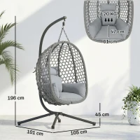 Outsunny Hanging Egg Chair, Indoor Outdoor Rattan Hammock Swing Chair with Stand, Safety Strap, Foldable Basket, Dark Grey(m-3)
