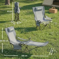 Outsunny Pack de 2 sillas de camping plegables reclinables 4 posiciones, reposapiés desmontable, portavasos, 165x80x90 cm, Gris(m-3)