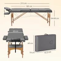 HOMCOM Camilla Masaje Plegable de Madera de 3 Zonas con Altura Respaldo Reposacabezas Ajustables Brazos 215x60x64-89 cm Gris(m-3)