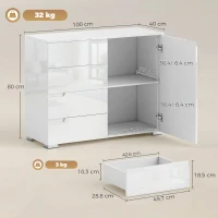 HOMCOM Aparador alto brilho, buffets moderno com 4 gavetas, armário de cozinha com fecho suave, branco(m-3)