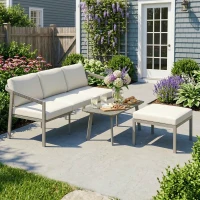 Outsunny Conjunto de Jardín Exterior de 3 Piezas con Sofá de 3 Plazas Reposapiés Mesa de Centro y Cojines Marrón y Beige(m-9)