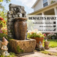 Outsunny Gartenbrunnen mit einstellbarem Wasserfluss und 3-stufiger rustikaler Steinwand im Krugdesign(m-6)