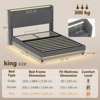 HOMCOM 5ft King Bed Frame with Headboard, Platform Bed Frame with Hydraulic Storage, LED Lights and Charging Station, Grey(m-3)