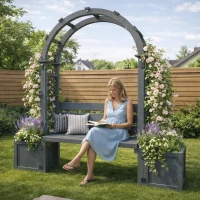Pergola-Bank mit Pflanzkästen und geschwungenem Rankgitter, dreifach-Funktion: Sitzbank, Pflanzkübel und Rankhilfe, 160 x 30,5 x 160 cm, Grau(m-2)