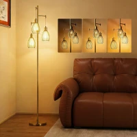 HOMCOM 3-Light Floor Lamp, 170cm Industrial Dimmable Standing Lamp with Steel Wire Cage Lampshades for Living Room, Bedroom, Dining Room, Study, Bulb Not Included, Gold Tone(m-10)