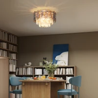 HOMCOM Chandelier Ceiling Light, 3-Light Flush Mount Fixture with Dual Crystal and Smoke Glass Shade, 40 cm LED Ceiling Light for Living Room Bedroom, 3 E14 Sockets, Bulbs Not Included, Gold Tone(m-7)