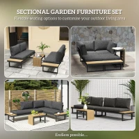 Outsunny 4 Seater L Shaped Aluminium Sectional Garden Furniture Set with 2 Loveseats and Wood-Plastic Coffee Table - Natural Wood(m-4)