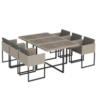 Outsunny 7 Piece Rattan Garden Furniture Set, Garden Dining Set with Wood-Plastic Table and 6 Stackable Chairs, Light Grey(m-10)