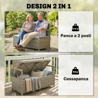 Outsunny Panca Giardino 170L, 2 Posti Rattan con Cuscino, Grigio Chiaro(m-4)