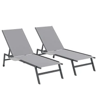 Outsunny Sun Loungers Set of 2 with Side Tray Table, Garden Recliners with 5-Position Adjustable Backrest, 2 Wheels, Grey(m-1)
