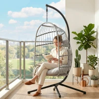 Outsunny Hanging Egg Chair, Indoor Outdoor Hammock Swing Chair with Stand, Safety Strap, Foldable Basket, Light Grey(m-9)