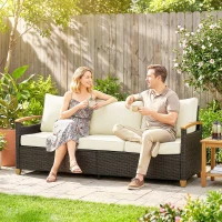 Outsunny Divanetto da Esterno a 3 Posti in Rattan PE con Braccioli Effetto Legno e Cuscini Lavabili, Marrone e Crema(m-9)