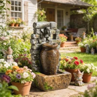 Outsunny Gartenbrunnen mit einstellbarem Wasserfluss und 3-stufiger rustikaler Steinwand im Krugdesign(m-8)