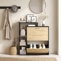 HOMCOM Schuhschrank: 2 Klappfächer, Einlegeböden, Schwarz und Naturholz.(m-5)