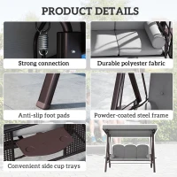 Outsunny 3 Seater Canopy Swing Chair, Outdoor Garden Swing Seat with Adjustable Canopy, Cushions and Cup Trays, Steel Frame, Light Grey(m-5)