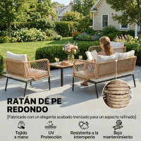 Outsunny Conjunto Jardín Exterior de 4 Piezas con Sofá 2 Sillones y Mesa WPC Ratán PE Tipo Cuerda Cojines Acolchados Blanco(m-6)