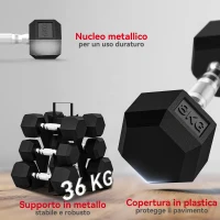 SPORTNOW Set di Manubri Palestra con Supporto in Metallo con Impugnatura Antiscivolo, 2x4kg, 2x6kg, 2x8kg, Nero(m-6)