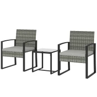 Outsunny Rattan Bistroset, 3 teiliges Gartenmöbel-Set mit 2 Gartenstühlen, Couchtisch, abnehmbar Kissen Hellgrau(m-10)