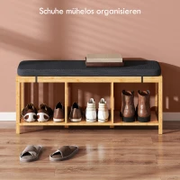 HOMCOM Bambus-Schuhbank, Flurbank mit gepolstertem Sitzkissen und offener Ablage, Naturholz-Optik(m-5)