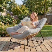 Outsunny Indoor Outdoor Rocking Chair, Oversized Rocking Egg Chair with Cushion for Living Room, Garden, Patio, Light Grey(m-2)