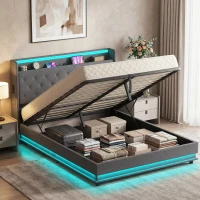 HOMCOM 5ft King Bed Frame with Headboard, Platform Bed Frame with Hydraulic Storage, LED Lights and Charging Station, Grey(m-2)