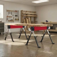 HOMCOM 2er Set Arbeitsbock bis 1160 kg klappbar Sägebock 7-fach höhenverstellbar 64-81 cm Gerüstbock aus Metall mit Griff Rot(m-2)