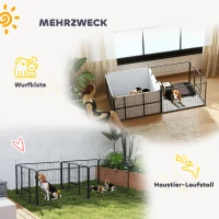 PawHut Wurfkiste für Welpen, Wurfbox Welpenlaufstall mit 7 Paneele, 2 Bereichen, Waschbare Wurfunterlage, 203x102x60cm Schwarz(m-4)