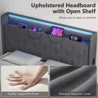 HOMCOM 4ft6 Double Bed Frame with Headboard, Platform Bed Frame with Hydraulic Storage, LED Lights and Charging Station, Grey(m-7)