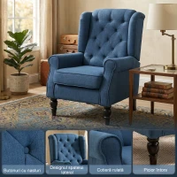 HOMCOM Fotoliu pentru Living în Stil Francez cu Șezut Confortabil și Perne, Catifea, 74x86x102 cm, Albastru(m-4)