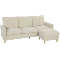 HOMCOM Sofá 3 plazas con pouf de almacenaje, sofá modular en esquina 210 cm, asiento amplio, tejido efecto lino, crema(m-7)