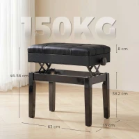HOMCOM Sgabello per Pianoforte con Altezza Regolabile e Contenitore in Legno e Finta Pelle, 63x35x46-56cm, Nero(m-3)