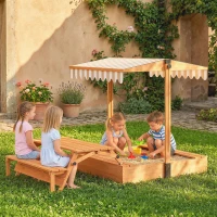 AIYAPLAY Kids Sand Pit with Lid, Wooden Sandpit with Canopy, Foldable Picnic Table, Bench Seats, Bottom Liner for Patio Garden(m-2)