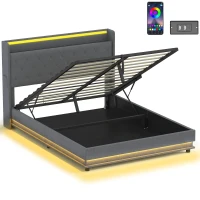 HOMCOM 5ft King Bed Frame with Headboard, Platform Bed Frame with Hydraulic Storage, LED Lights and Charging Station, Grey(m-1)