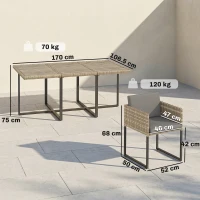 Outsunny 7 Piece Rattan Garden Furniture Set, Garden Dining Set with Wood-Plastic Table and 6 Stackable Chairs, Light Brown(m-3)