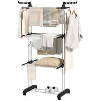 HOMCOM Estendal Dobrável para Roupa com Rodas Estendal Vertical de Aço com 3 Níveis Laterais Dobráveis 73x64x177cm Preto e Branco(m-11)