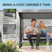 Outsunny 3 Seater Canopy Swing Chair, Outdoor Garden Swing Seat with Adjustable Canopy, Cushions and Cup Trays, Steel Frame, Light Grey(m-6)