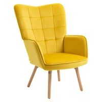 HOMCOM Modern Accent Chair, Upholstered High Back Armchair with Tufted Wingback, Seat Padding, Velvet Leisure Lounge Bedroom Chair with Wood Legs, Yellow(m-11)