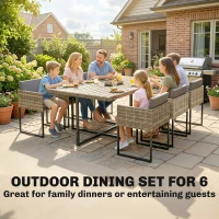 Outsunny 7 Piece Rattan Garden Furniture Set, Garden Dining Set with Wood-Plastic Table and 6 Stackable Chairs, Light Brown(m-4)