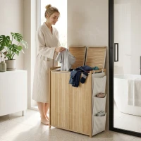 HOMCOM Coș de rufe din bambus cu capac 120 L cu 2 pungi cu șnur detașabile și lavabile buzunare laterale natural(m-4)